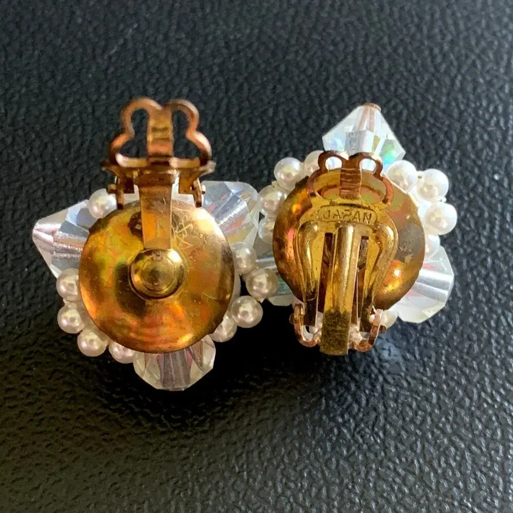 Vintage Japan Pearl Cluster Clip On Earrings AB Crystal Beaded
